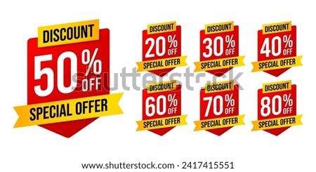 Special offer discounts label starting from 20, 30, 40, 50, 60, 70, 80 percent off. Trendy red and yellow color sales promotion banner element. Vector illustration