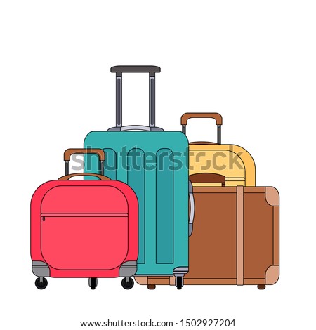 Color cartoonillustration of various suitcases. Family travel. Linear drawing of luggage and scrub. Vector colored element for logos, articles, icons and your design.