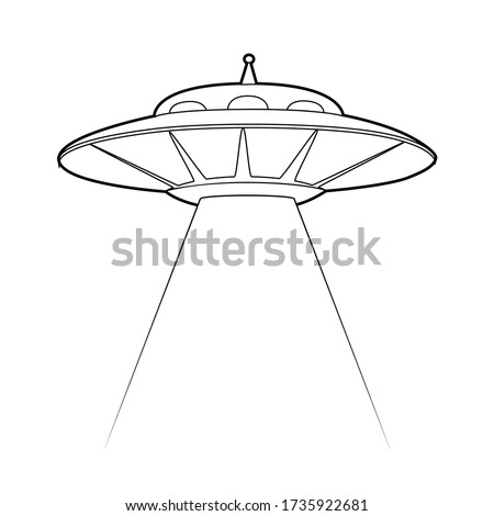 Contour illustration of a UFO with a stealing beam. Flying saucer. Unknown flying object. Vector outline object for logos, cards, banners and your creativity.