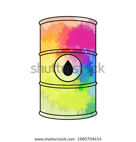 Vector outline illustration of oil barrel with rainbow splashes and black drop. Cask full off multicolor gasoline. The object is separate from the background. Increasing demand. Fuel shortage.