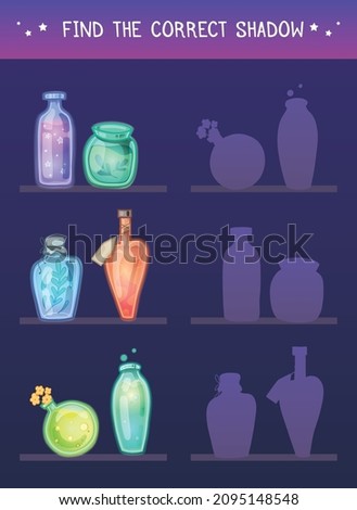 Find the correct shadow. Vector template for preschool games. Childrens educational fun. Find right silhouette for group of bottles on shelves. Cartoon various magical potions, poisons and antidotes.