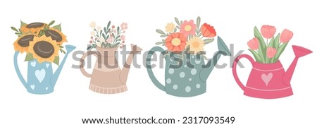 Vector set of various watering cans with bouquets of flowers. Summer set with gardening tools and floral arrangement. Cartoon elements for stickers, sublimation and your creativity