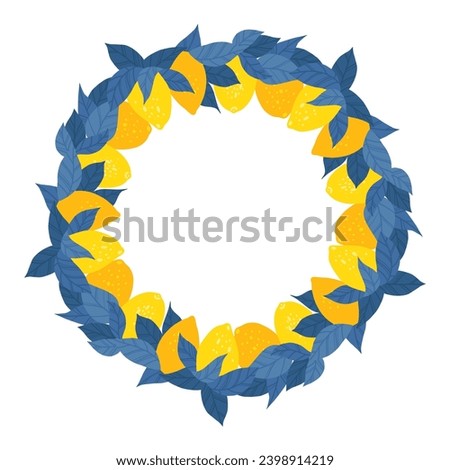 Vector contrast round frame with lemons, foliage and copy space. Hand drawn flat border with fruits and place for text. Circle framework with citruses and leaves isolated from the background.