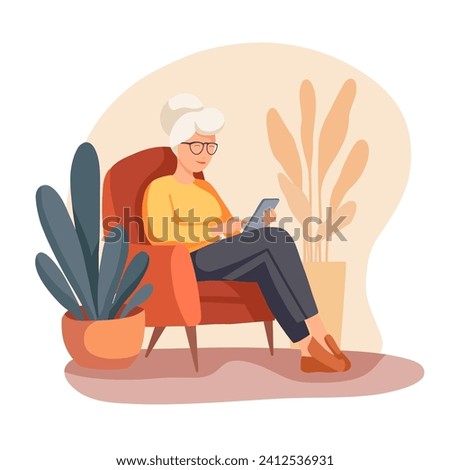 Vector illustration of a grandmother sitting in a chair with a phone in warm colors. Communication with the older generation via the Internet. Studying modern technologies by old parents.