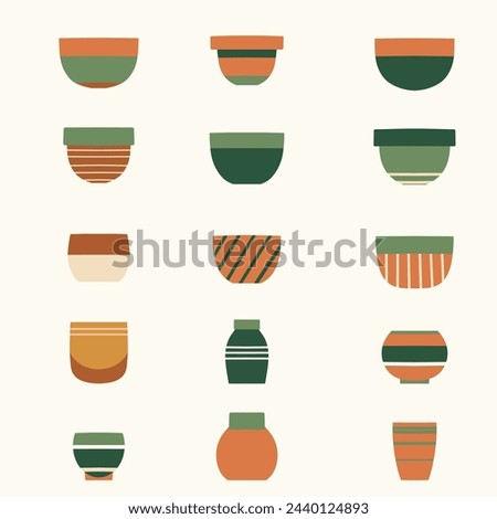 Vector set of flat hand drawn ceramic flowerpots isolated from background. Cozy collection of various colorful clay pots icons for pottery workshop, hobby studios. Crockery cliparts