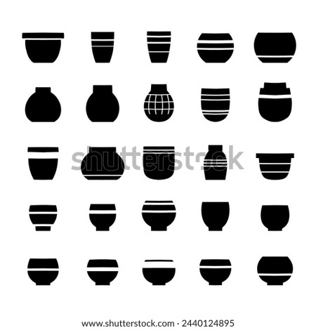 Vector set of black silhouettes of ceramic flowerpots isolated from background. Collection of clay pot silhouettes icons for pottery workshop, hobby studios. Crockery cliparts