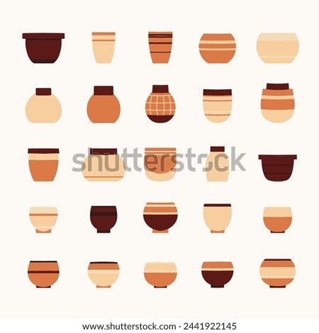 Vector set of flat hand drawn ceramic flowerpots isolated from background. Cozy collection clip art of various clay pots icons in calm beige colors for pottery workshop, hobby studios. 