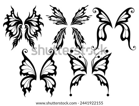 Vector set of black silhouette butterfly wings. Collection of line art monochrome different elf wings isolated from background. Fairy tale design elements for icon and stickers