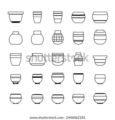 Vector set of contour ceramic flowerpots isolated from background. Monochrome contour collection clip art of various clay vases icons for pottery workshop, hobby studios.