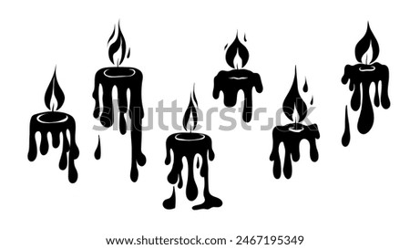 Vector set of black silhouette of flowing paraffin candles with fire isolated from background. Aromatherapy and festive icons. Monochrome candle wax tops.