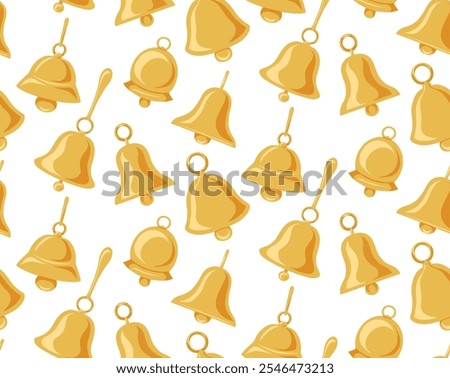 Vector seamless pattern with Christmas bells on white background in flat style. Festive wallpaper with xmas decorations for textile. Wrapping paper with hanging holiday bells