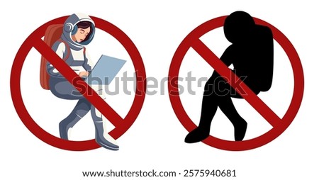 Vector collection of prohibitory signs with astronauts with laptop. It is forbidden to work in space. Do not bring gadgets into space. Collection of prohibition banners