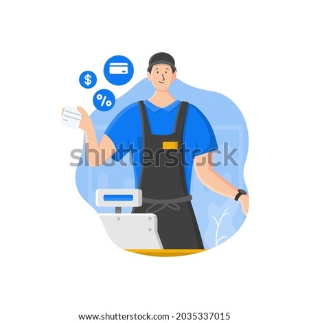 vector illustration of a cashier holding a shopping receipt decorated with shopping icon elements in half body style