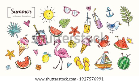 Set of cute summer icons: food, drinks, tropical leaves, fruits, flamingo, crab, seagull. Bright summer poster. Collection of scrapbooking elements for beach party. Vector flat style design. Doodle