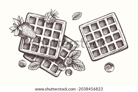 Hand drawn waffles with fruit in vintage engraved style. Breakfast Belgian waffles with blueberries, raspberries, strawberries and mint. Dessert, sweets, menu design, restaurant, shop Stockfoto © 