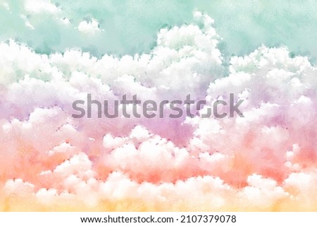 Watercolor sky of pastel delicate shades. Clouds in the sky. Mint and pink sky. Hand painted watercolor. Pastel sky