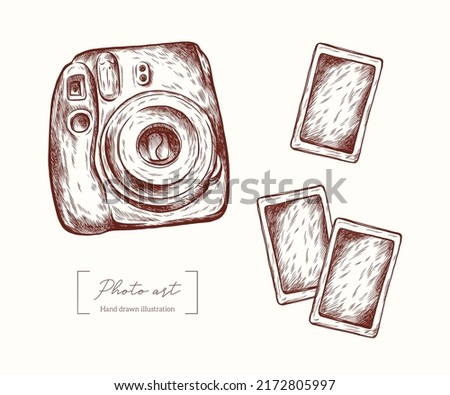 Camera and photos in engraving style. Modern camera. Vintage vector hand drawn. Photo illustrations  for invitations, card, print and designs