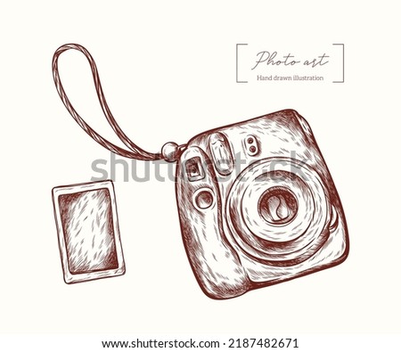 Camera and photos in engraving style. Modern camera. Vintage vector hand drawn. Photo illustrations  for invitations, card, print and designs