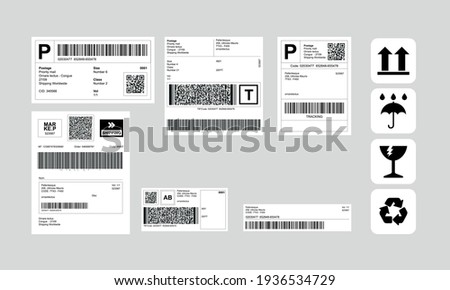 Barcode Label Delivery Template + Set of Cargo Icons, Fragile, Recycle, Stickers