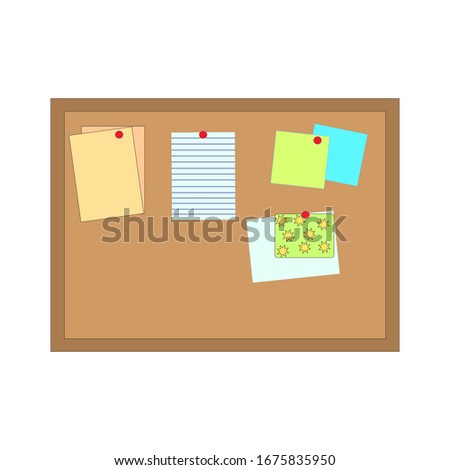 Cork board with attached sheets of paper on it. Bulletin board. Board for notes. Vector illustration. Stock Photo.