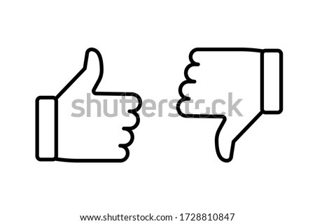 Like icon thumb up and dislike thumb down. Vector illustration of a hand showing yes or no. Contours of hands on a white background. Stock Photo.
