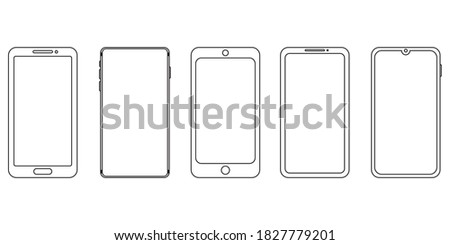 Doodle button with mobile phone outline. Silhouette vector illustration. Smartphone blank screen, phone mockup.