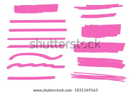 Pink brush marker lines. Stroke highlighted stripes. Vector illustration.