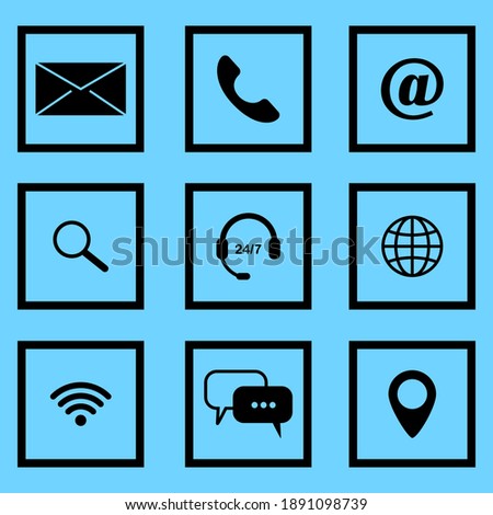 Communication icons on blue background. Website symbol. Contact button icon. Email envelope icon. Stock image. EPS 10.