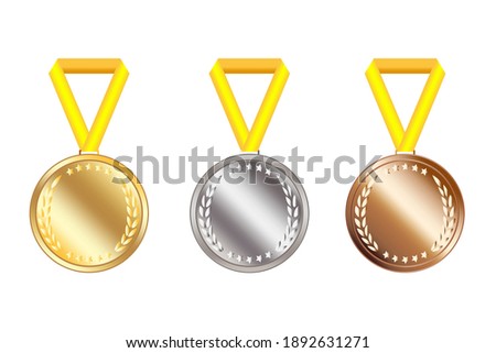 Three blank medals. Three awards with yellow ribbons. Gold, silver and bronze medals. Stock image. EPS 10.