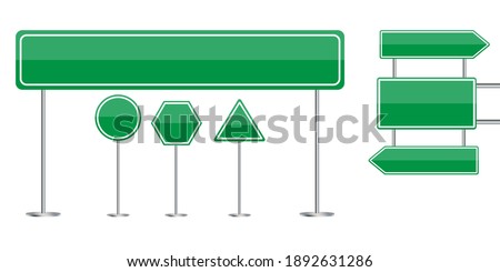 Green road signs. City illustration. Travel concept.  Vector set. Stock image. EPS 10.