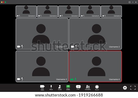 Zoom interface mockup. Communication concept. Nine participants. The four participants in the center are large. Stock image. EPS 10.