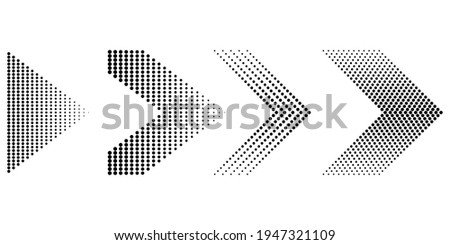 black dots arrows. Arrow icon collection. Halftone dots background. Fade abstract pattern. Stock image. EPS 10.