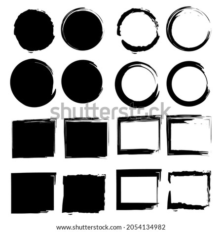 Grunge icon set. Square and circle. Empty and filled figures. Abstract art elements. Vector illustration. Stock image.
