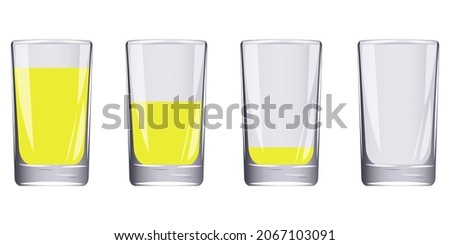Three glasses of lemonade. A full, half-empty, empty glass. Drinks in glasses. Vector illustration. Stock image. 