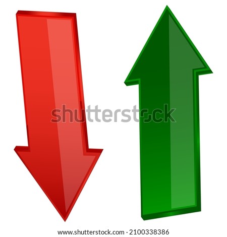 Two arrows icon. Red and green. Down and up. Simple design. Business background. Vector illustration. Stock image. 