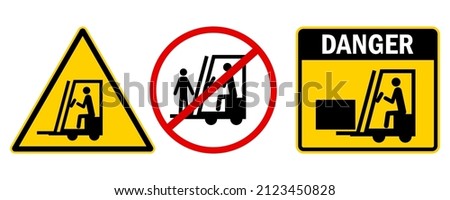 Illustration with forklift warning sign. Loader warning signs. Sign prohibition of people on a forklift. Vector illustration. stock image. 