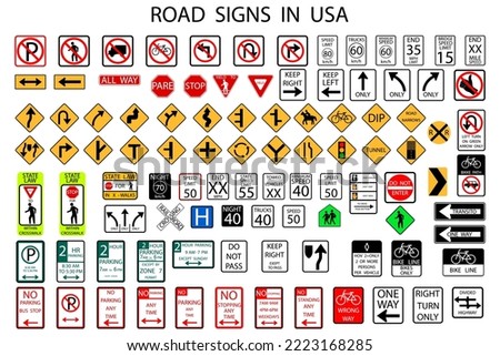 Us road signs in american style. Road trip. Vector illustration. Stock image.