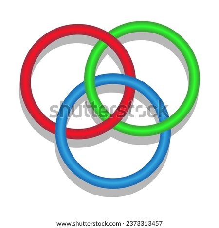 Borromean rings. Three simple closed curves. Three colored intersecting circles, rings. Vector illustration. EPS 10.