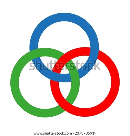 Borromean rings. Three simple closed curves. Three colored intersecting circles, rings. Vector illustration. EPS 10.
