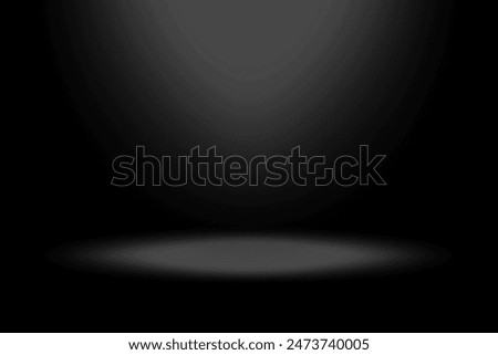 Vector spotlight background. Black gradient shading. Light source above. Dark vignette effect.