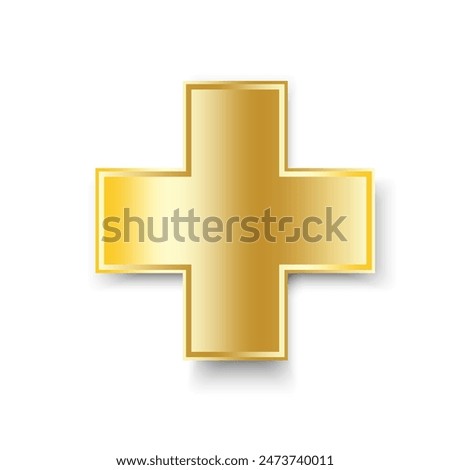 Gold cross icon. Shiny gradient design. Medical symbol vector. Abstract illustration.