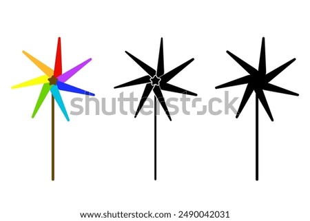 Colorful pinwheel icon. Black silhouette versions. Fun playful design. Rotating windmill.