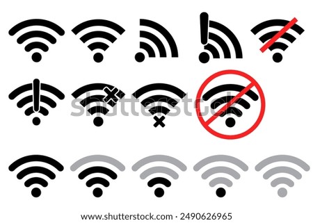 Wi Fi signal icons. Network connection symbols. Vector wireless icons. Black and red design.