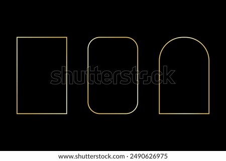 Golden outline shapes. Geometric forms on black. Minimalist vector design. Three different frames.