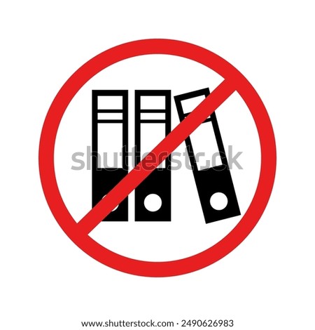 No binders icon. Red prohibition symbol. Office folders banned. Vector illustration.