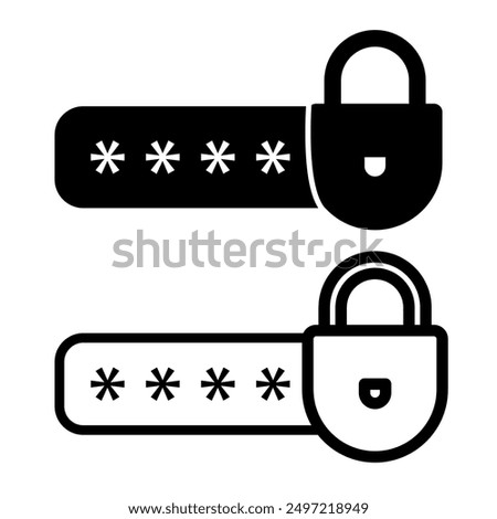 Password lock icons. Black silhouettes with asterisks. Simple security symbols. Vector illustration.