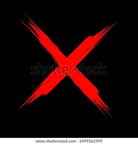 Red X icon. Brushstroke style. Black background. Bold vector graphic.