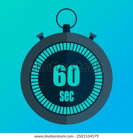 Stopwatch showing 60. Sixty seconds countdown. Bright blue gradient. Bold black outline. Vector illustration.