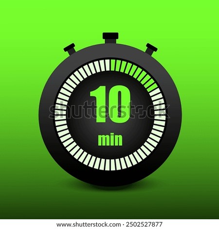 Stopwatch showing 10. Ten minutes countdown. Bright green gradient. Bold black outline. Vector illustration.