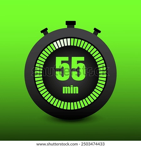 Stopwatch showing 55. Fifty five minutes. Bright green gradient. Bold black outline. Vector illustration.